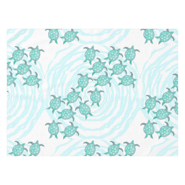 Watercolor Teal Sea Turtles on Swirly Stripes Tablecloth (Front (Horizontal))