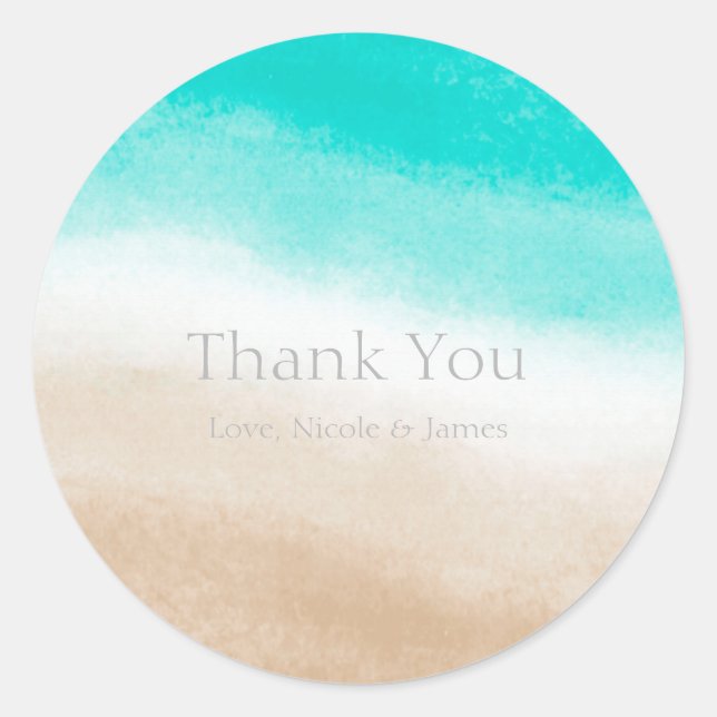 Watercolor Teal & Tan Subtle Beach Wedding Classic Round Sticker (Front)