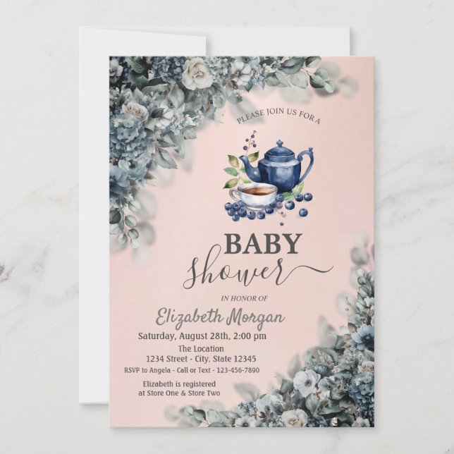 Watercolor Teapot  Blueberry Flowers Baby Shower Invitation (Front)