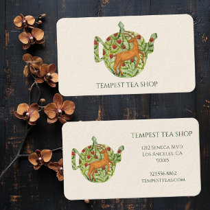 Watercolor Teapot Deer Floral Tea Shop Cafe Cream Business Card