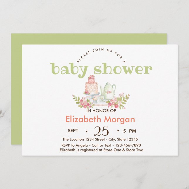 Watercolor Teapot Flowers Baby Shower Invitation (Front/Back)