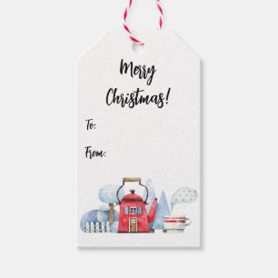 Watercolor Teapot House Snow Trees To-From Gift Tags