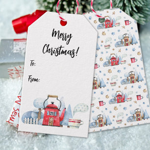 Watercolor Teapot House Snow Trees To-From Gift Tags