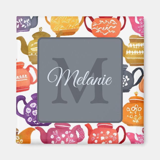 Watercolor Teapot Pattern Peronalised Monogram Magnet (Front)