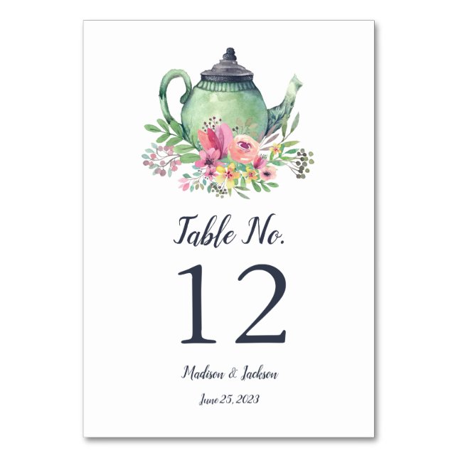 Watercolor Teapot Wedding Table Number (Front)