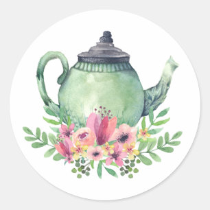 Watercolor Teapot with Floral Bouquet Classic Round Sticker