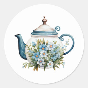 Watercolor Teapot with white Blue Floral Classic Round Sticker