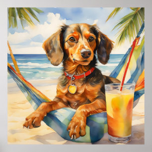 Watercolor Teckel Dog Drinking Piña Colada Beach Poster