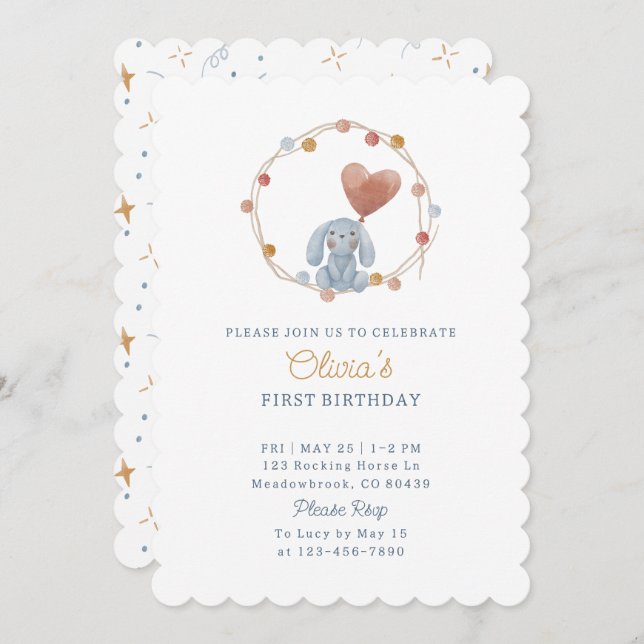 Watercolor, teddy and pom-poms, kids birdthday  invitation (Front/Back)