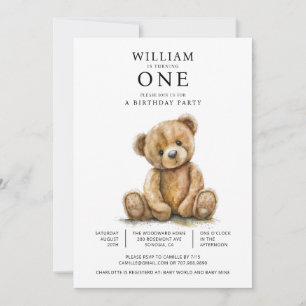 Watercolor Teddy Bear 1st Birthday Party Invitation