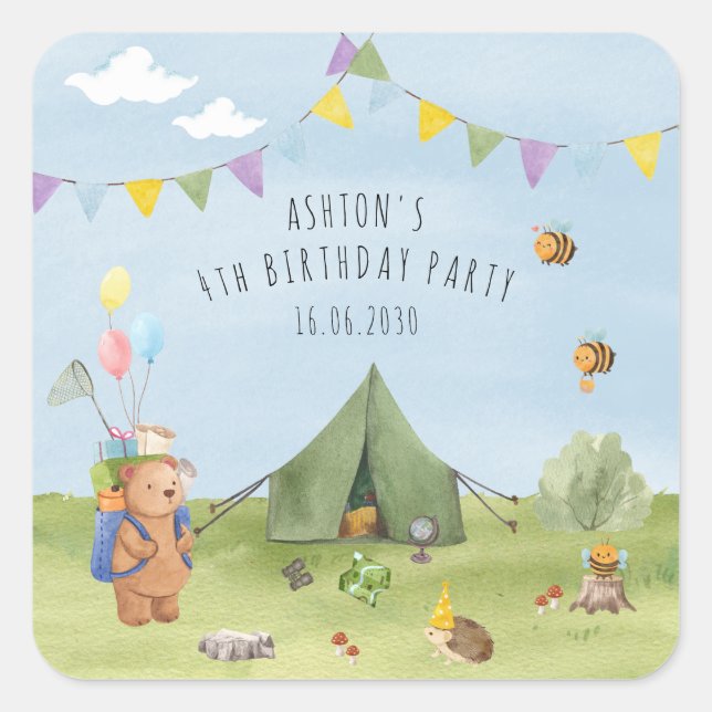 Watercolor Teddy Bear, Adventure birthday Square Sticker (Front)