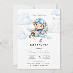 Watercolor Teddy Bear Aeroplane Baby Shower Invitation