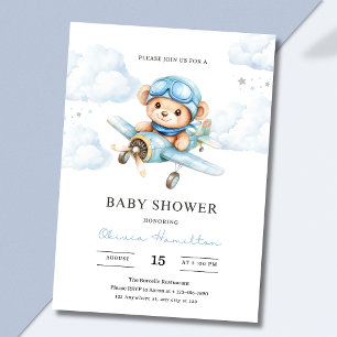 Watercolor Teddy Bear Aeroplane Baby Shower Invitation
