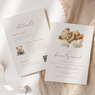 Watercolor Teddy Bear All-in-One Beige Baby Shower Invitation