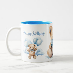 Watercolor Teddy Bear and Clouds Happy Birthday Two-Tone Coffee Mug