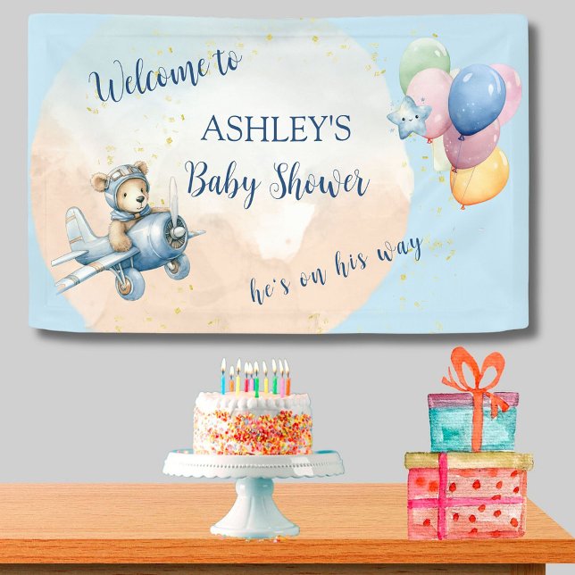 Watercolor Teddy Bear Aviator Boy Baby Shower  Banner (Creator Uploaded)