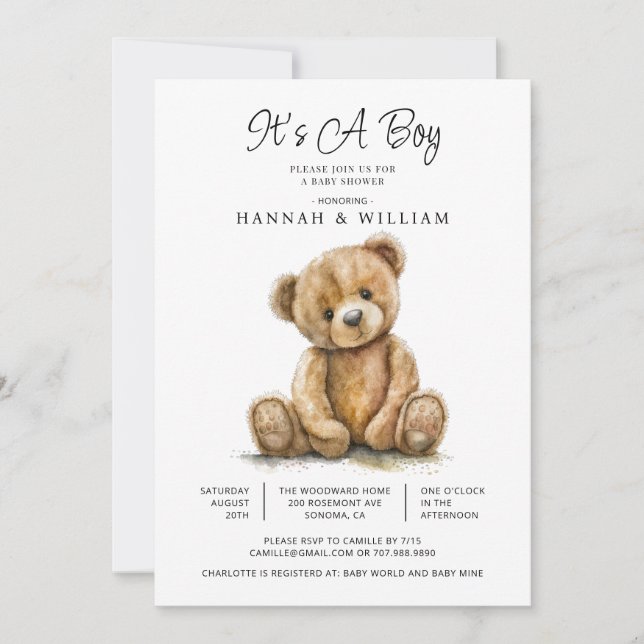 Watercolor Teddy Bear Baby Boy Shower Invitation (Front)
