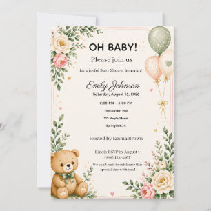 Watercolor Teddy Bear Baby Shower Invitation
