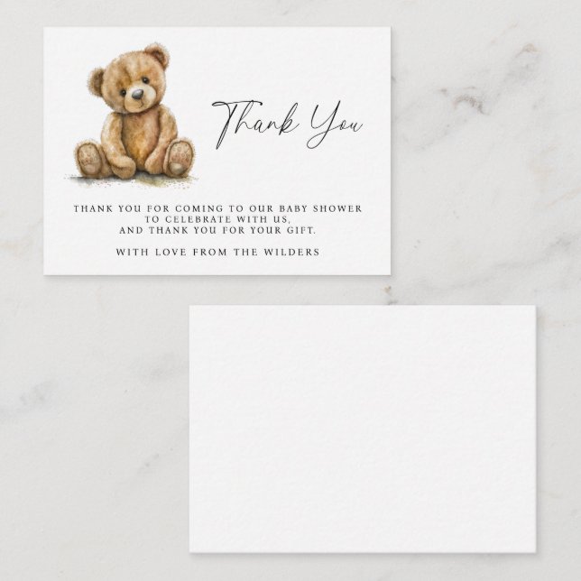 Watercolor Teddy Bear Baby Shower Thank You Enclosure Card (Front/Back)