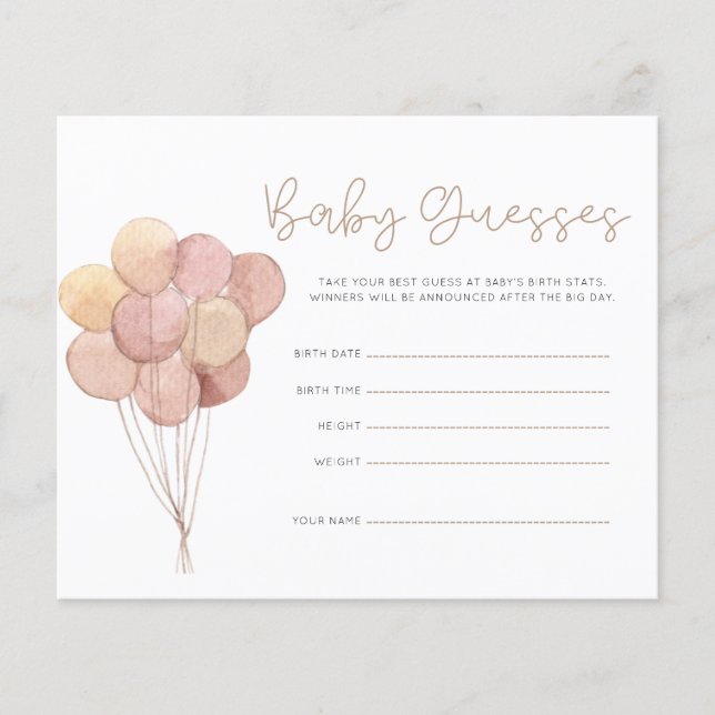 Watercolor Teddy Bear Balloons Baby Guesses Game (Front)