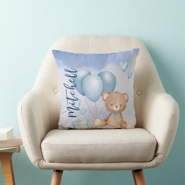Watercolor Teddy Bear Blue Balloon Personalise Cushion (Creator Uploaded)