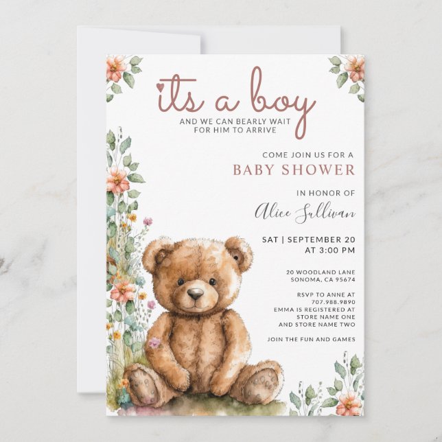 Watercolor Teddy Bear Boy Baby Shower Invitation (Front)