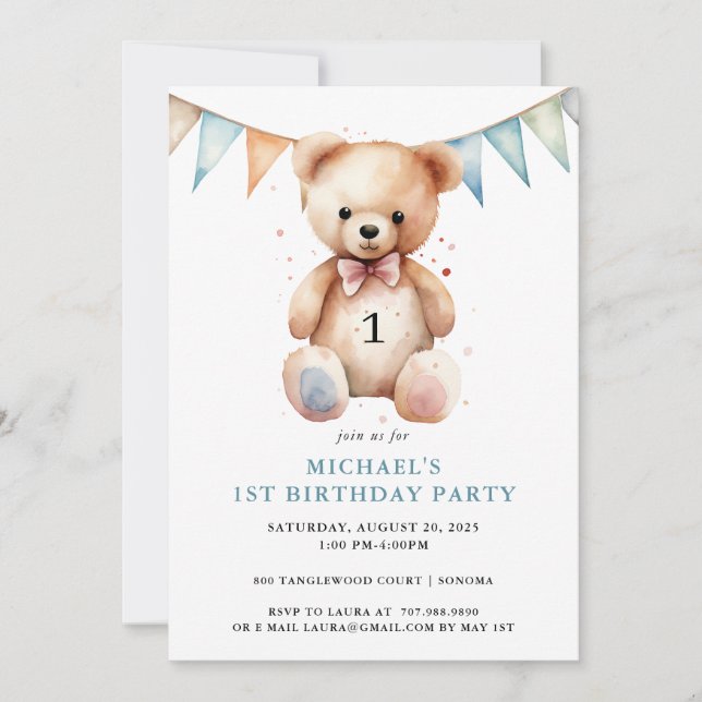 Watercolor Teddy Bear Boy Blue 1st Birthday Invitation (Front)