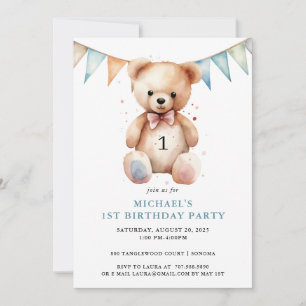 Watercolor Teddy Bear Boy Blue 1st Birthday Invitation