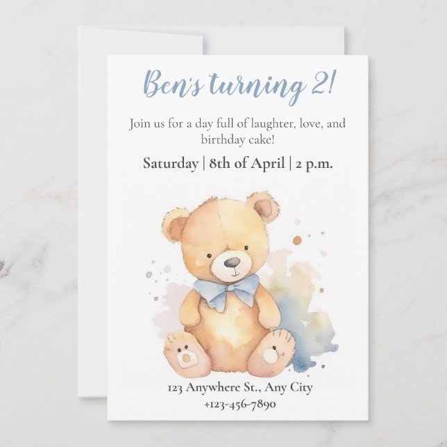 Watercolor teddy bear children birthday invitation (Front)