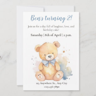 Watercolor teddy bear children birthday invitation