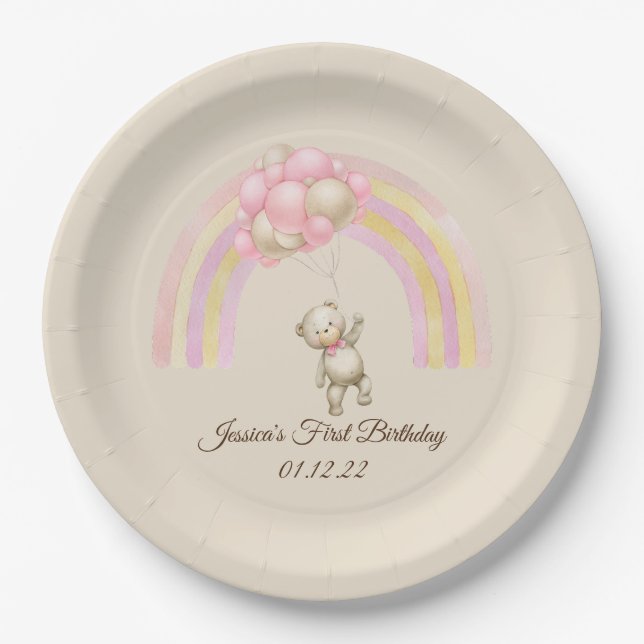 Watercolor Teddy Bear First Birthday Paper Plates (Front)