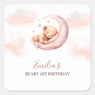 Watercolor Teddy Bear First Birthday Square Sticker