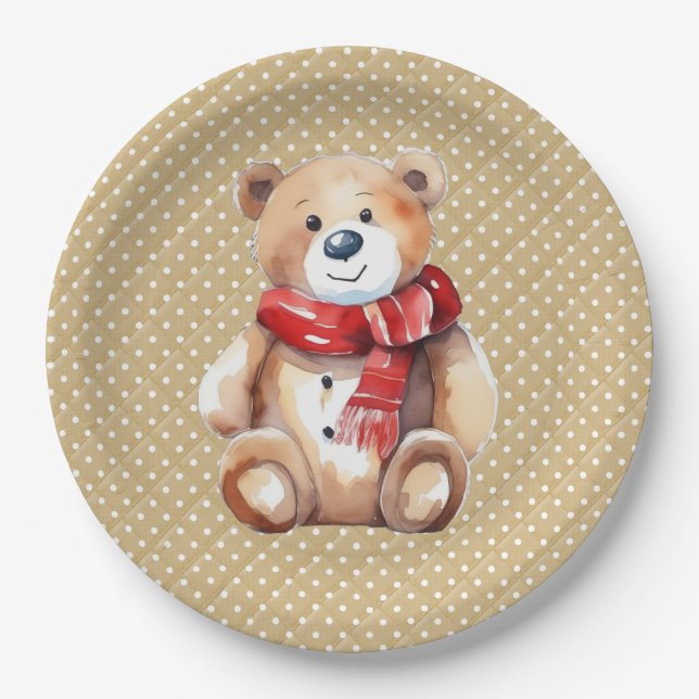 Watercolor Teddy Bear for Birthday Paper Plate (Front)