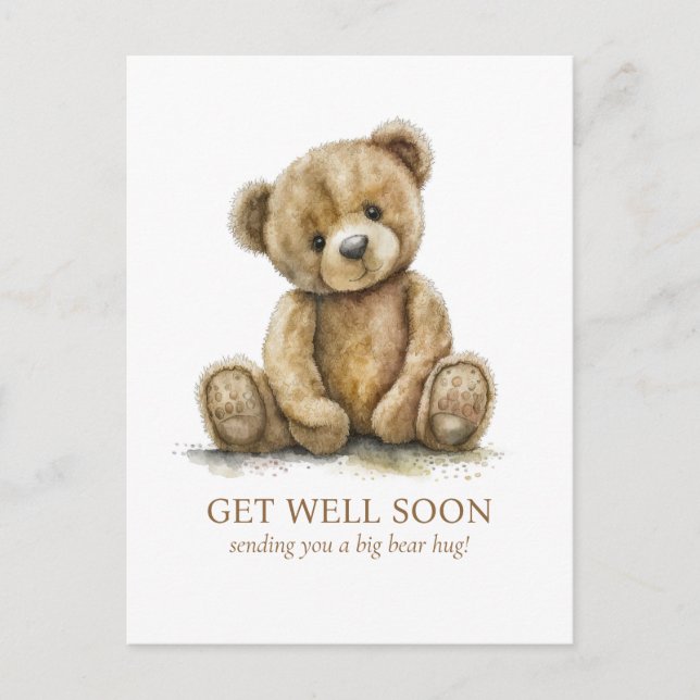 Watercolor Teddy Bear Get Well Postcard (Front)