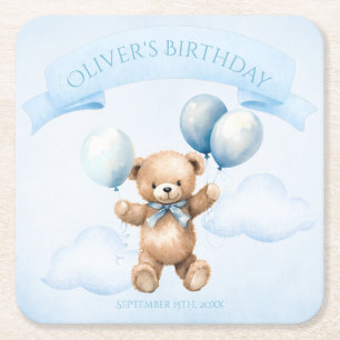 Watercolor Teddy Bear & Gift First Birthday Square Paper Coaster