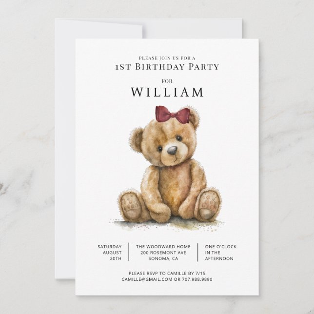 Watercolor Teddy Bear Girl 1st Birthday Invitation (Front)