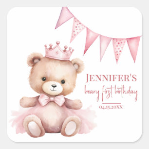 Watercolor Teddy Bear Girl 1st Birthday Stickers
