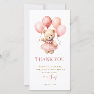 Watercolor Teddy Bear Girl 1st Birthday Thank You Card