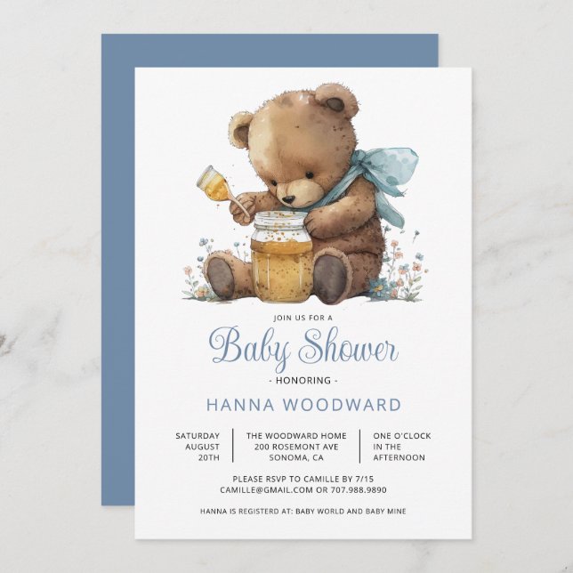 Watercolor Teddy Bear Honey Pot Boy Baby Shower Invitation (Front/Back)
