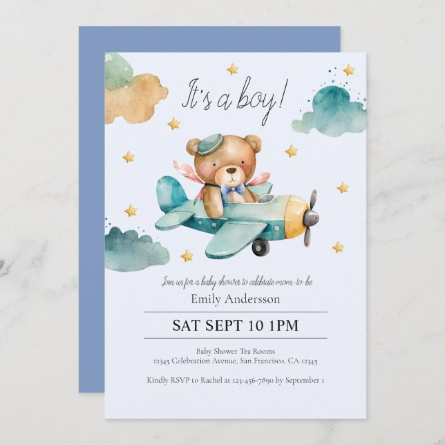 Watercolor Teddy Bear Its a Boy Baby Shower  Invitation (Front/Back)