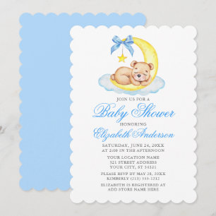 Watercolor Teddy Bear Moon Blue Baby Shower Invitation