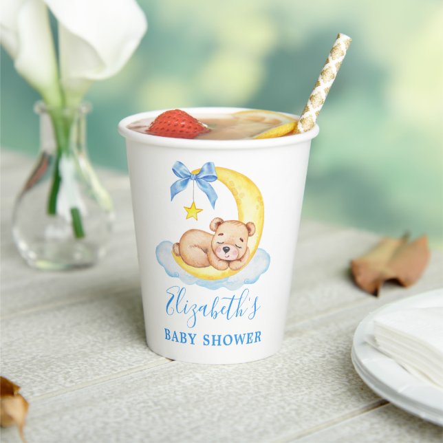 Watercolor Teddy Bear Moon Blue Baby Shower Paper Cups (Insitu)