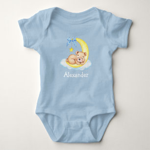 Watercolor Teddy Bear Moon Bow Blue Baby Bodysuit