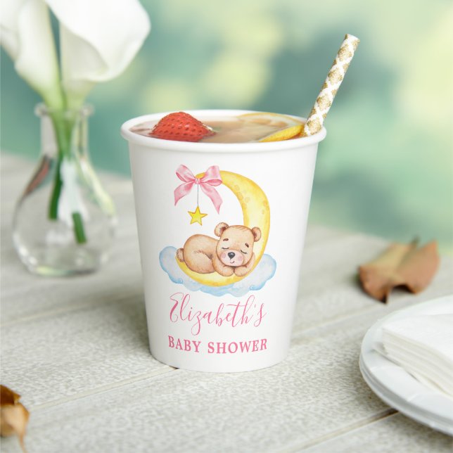 Watercolor Teddy Bear Moon Pink Baby Shower Paper Cups (Insitu)