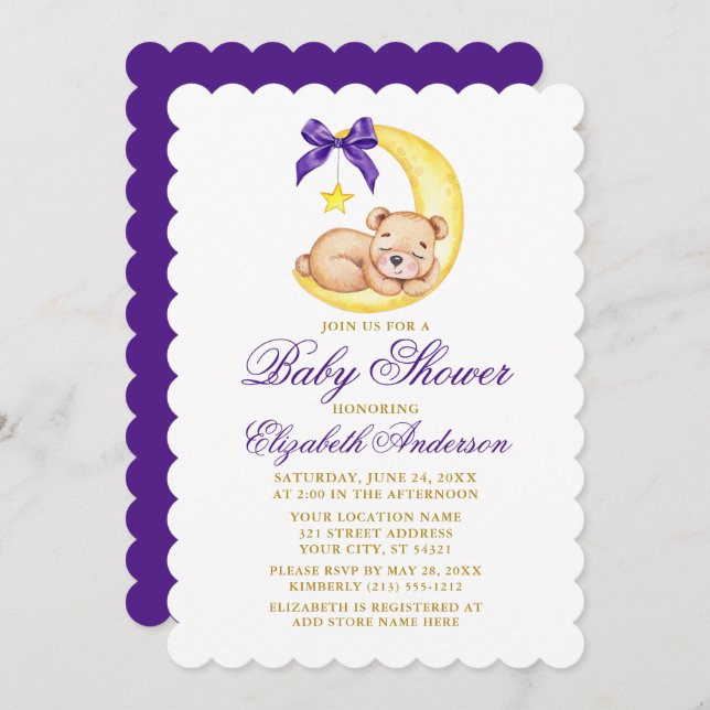 Watercolor Teddy Bear Moon Purple Baby Shower Invitation (Front/Back)