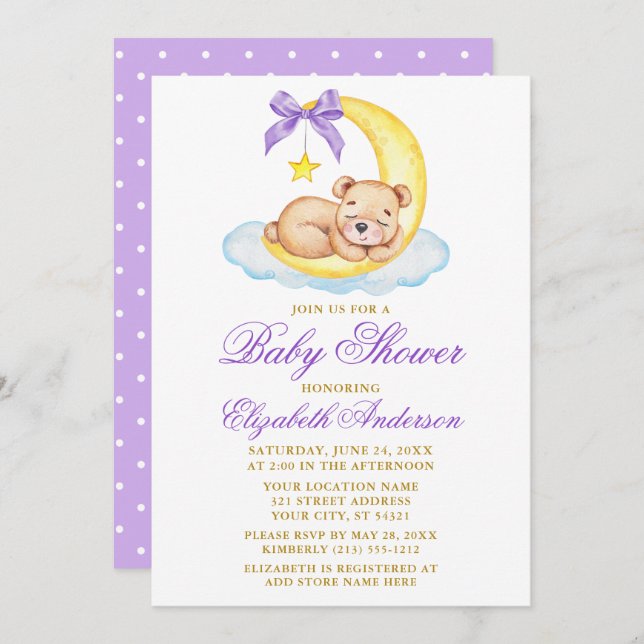 Watercolor Teddy Bear Moon Purple Dots Baby Shower Invitation (Front/Back)