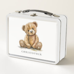 Watercolor Teddy Bear Neutral Kid's Name Metal Lunch Box