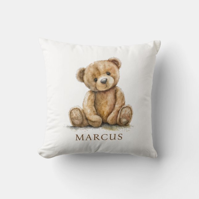 Watercolor Teddy Bear Nursery Baby Name Cushion (Front)