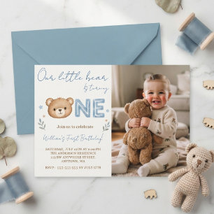 Watercolor Teddy Bear Photo 1st Birthday Invitation