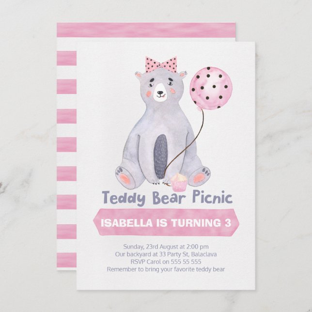 Watercolor Teddy Bear Picnic Birthday Invitation (Front/Back)